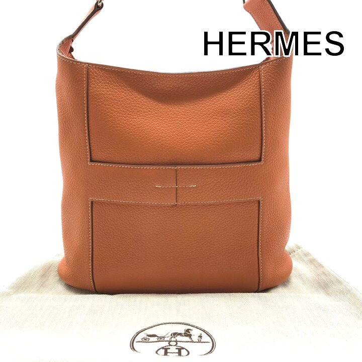 【中古】良品 HERMES エルメス グッドニュース トリヨン レザー ショルダー バッグ 斜め掛け オレンジ シルバー金具 レディース ブランド k7695