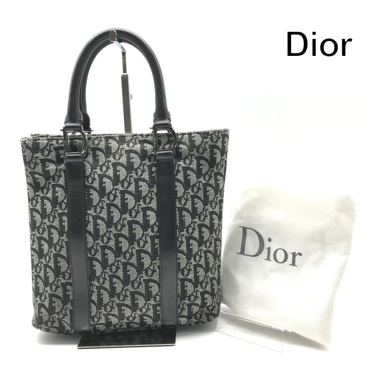 【中古】良品 Christian Dior ディオール トロッター キャンバス レザー シルバー金具 ハンド トート バッグ ブラック レディース k6700