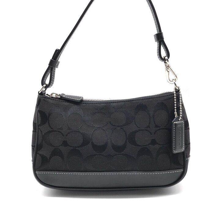 COACH - 【中古】美品 COACH コーチ シグネチャー アクセサリー ポーチ ワンショルダー バッグ キャンバス レザー ブラック レディース ブランド 鞄 r1268