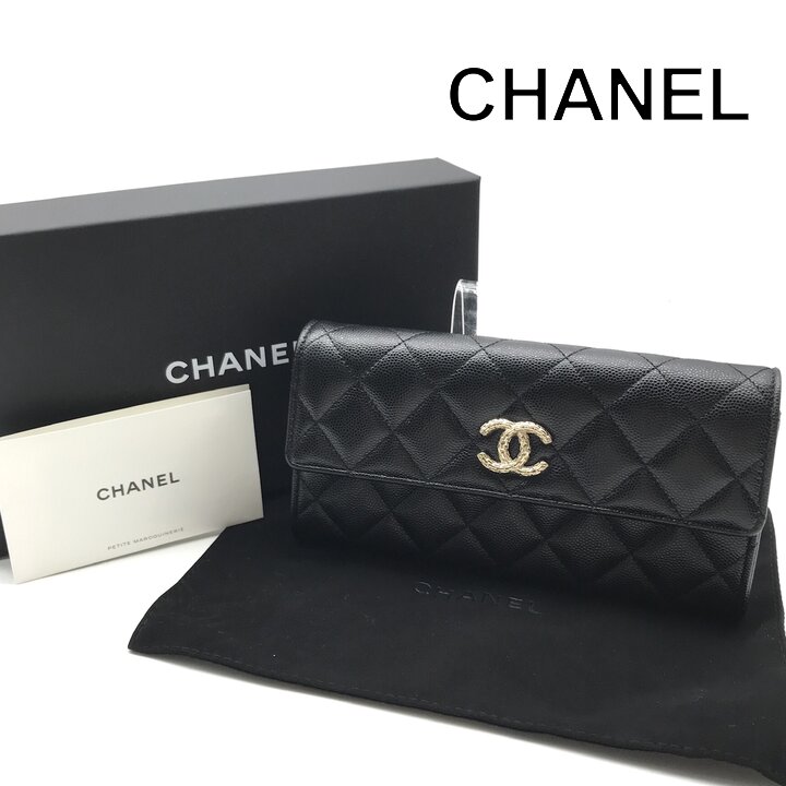 【中古】超美品 CHANEL シャネル マトラッセ ココマーク キャビアスキン 24A 長財布 財布 ウォレット ブランド 小物 ブラック 箱付き a11910