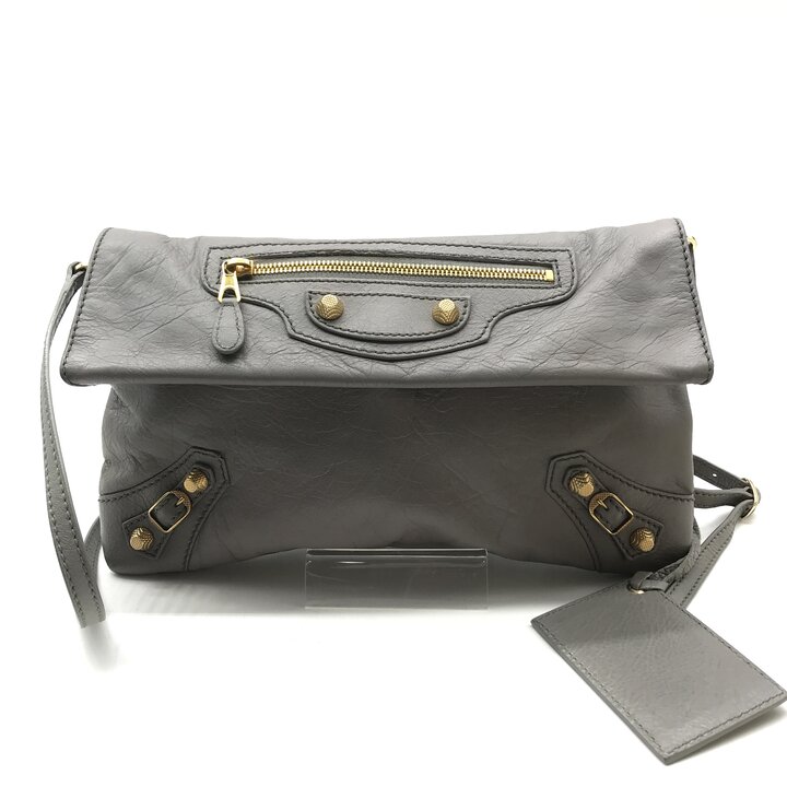 【中古】良品 BALENCIAGA バレンシアガ ジャイアント エンベロープ レザー 2WAY ショルダー セカンド クラッチ バッグ グレー レディース k4480
