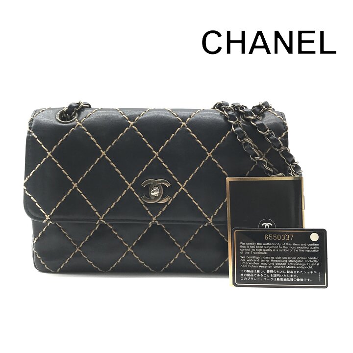 Rakuten - 【中古】良品 CHANEL シャネル ココマーク ワイルドステッチ チェーン ショルダー バッグ レザー ブラック レディース k7562