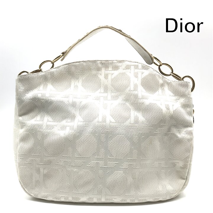 【中古】良品 Christian Dior ディオール カナージュ ゴールド金具 キャンバス チェーン ハンド トート バッグ ホワイト レディース k7698