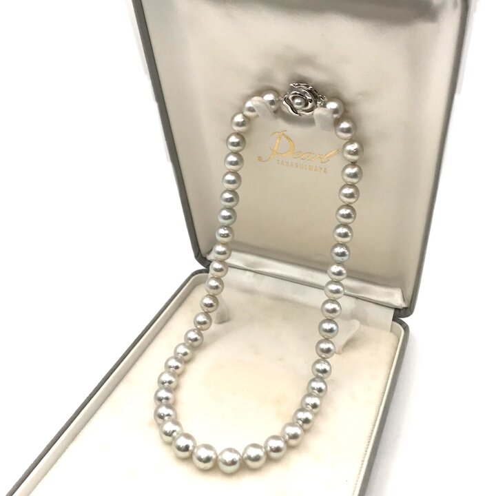 【中古】超美品 テリ抜群 高島屋 あこや真珠 パール 約9〜10mm K14WG 54.6g ネックレス アクセサリー ホワイト ブルー系 冠婚葬祭 m15610