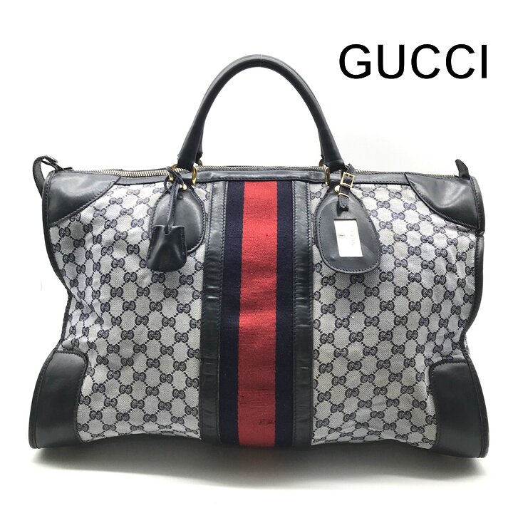 【中古】GUCCI グッチ オールドグッチ シェリーライン GGキャンバス ボストン バッグ 旅行鞄 トラベル ヴィンテージ ネイビー ユニセックス r1551