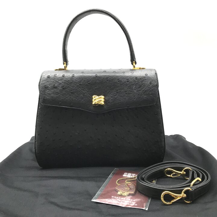 乐天商城 - 【中古】美品 JRA オーストリッチ エキゾチックレザー トップハンドル ハンド バッグ ブラック レザー ショルダー 2WAY r1657