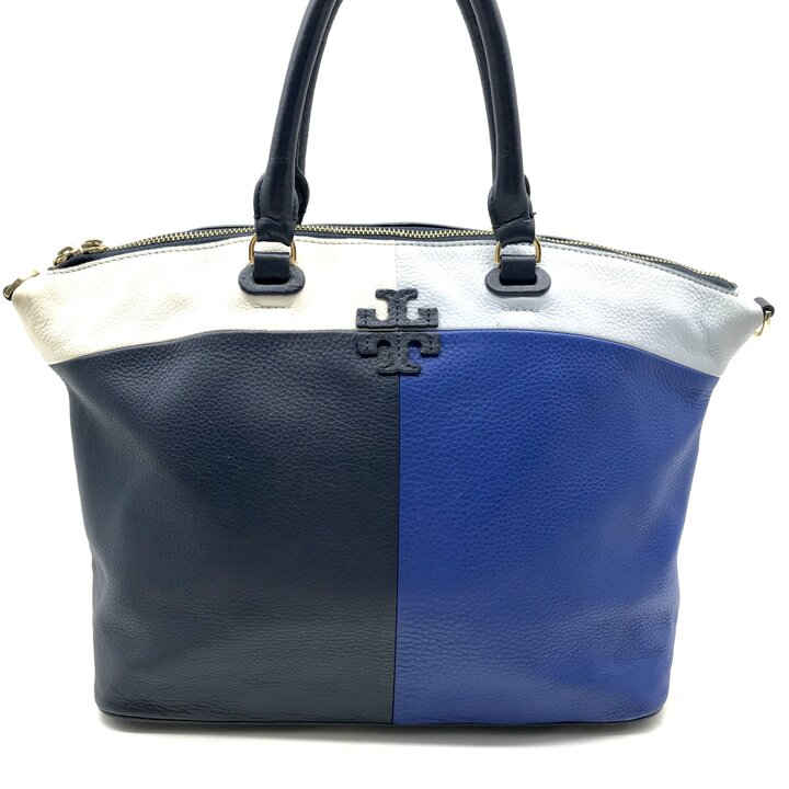 Rakuten - 【中古】良品 TORYBURCH トリーバーチ レザー ロゴ マルチカラー ハンド バッグ レディース ファッション 鞄 かばん ブルー r1671