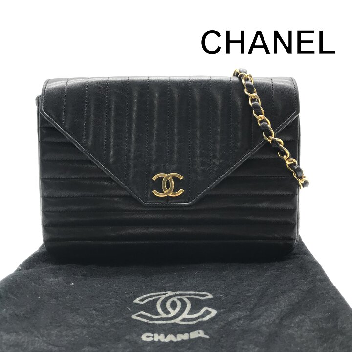 良品 CHANEL シャネル ココマーク ラムスキン ヴィンテージ チェーン ショルダー バッグ プッシュロック ブラック レザー ブランド k7658