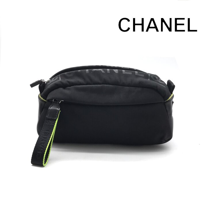 乐天商城 - 【中古】良品 CHANEL シャネル スポーツライン ナイロン ポーチ 小物入れ ブラック ネオンライトグリーン クラッチ セカンド バッグ tm155