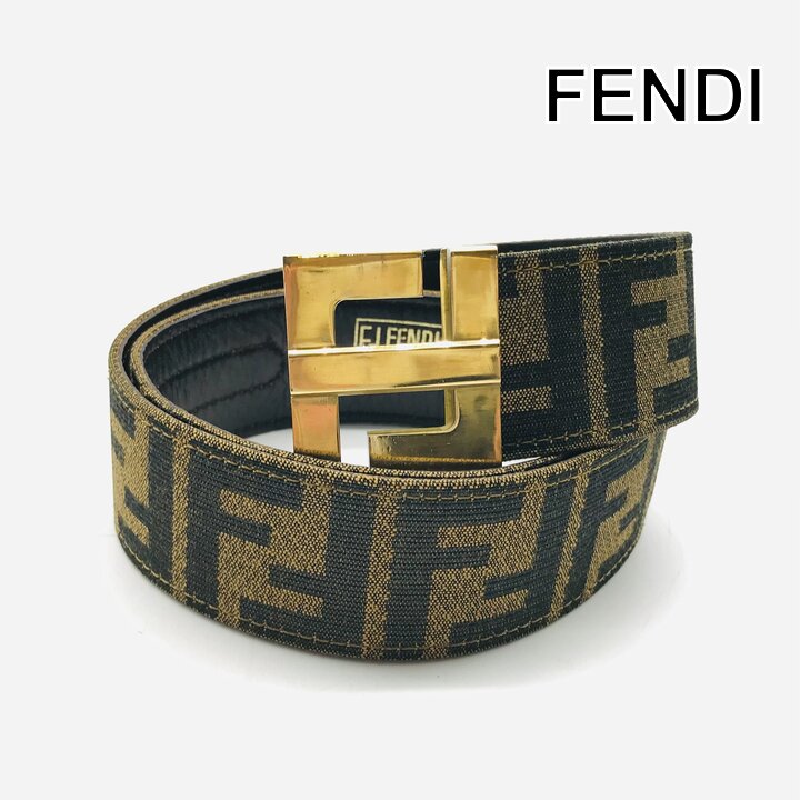 乐天商城 - 【中古】良品 FENDI フェンディ ズッカ ベルト 服飾小物 FFロゴ キャンバス レザー カーキ ブラウン ユニセックス ブランド 小物 y112