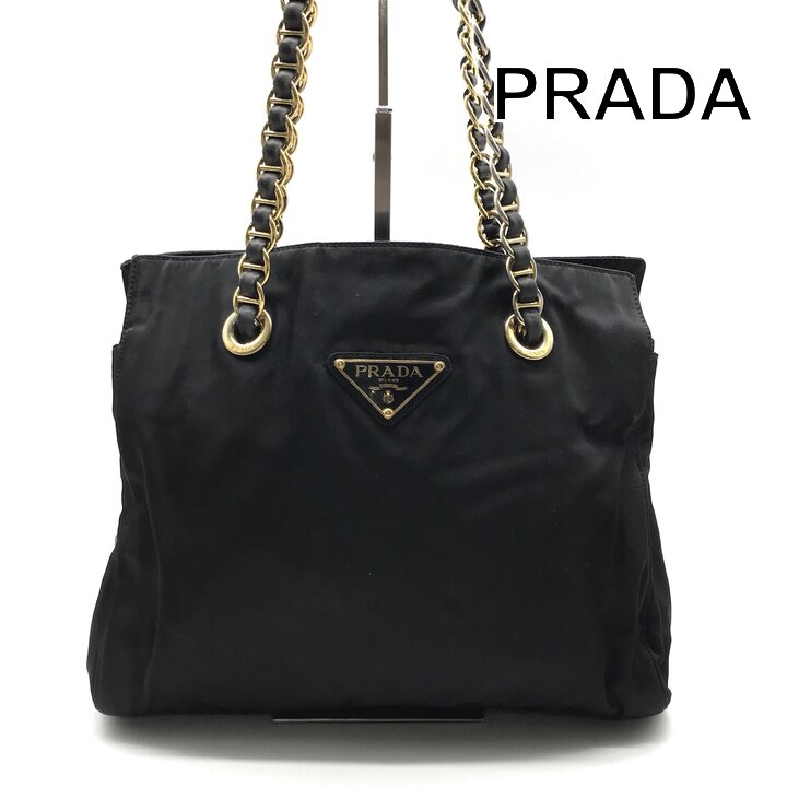 乐天商城 - 【中古】良品 PRADA プラダ 三角ロゴ ナイロン テスート チェーン ショルダー トート ブラック レディース ブランド カバン BAG y133