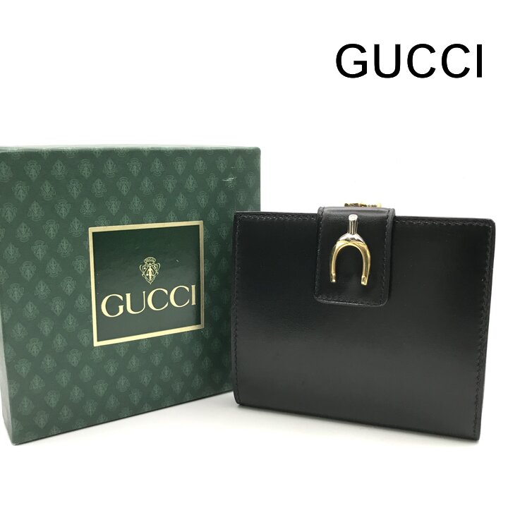 【中古】美品 GUCCI グッチ ホースシュー モチーフ ブラック レザー 二つ折り 財布 がま口 ヴィンテージ レディース ブランド ウォレット r2558