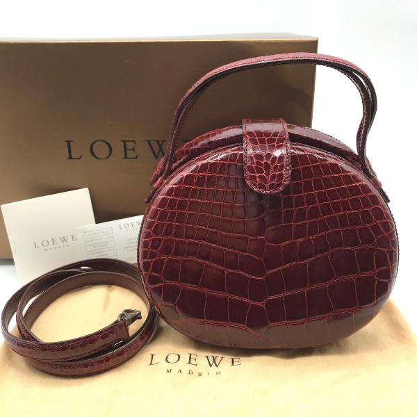 【中古】LOEWE ロエベ レザー 本クロコ 2WAY ハンド バッグ ボルドー 未使用保管品 M10264