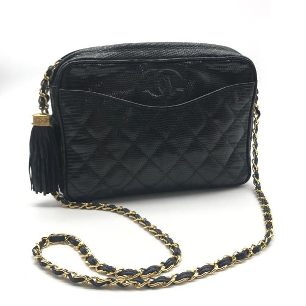 【中古】CHANEL シャネル ココマーク フリンジ 本リザード チェーン ショルダー バッグ ブラック 良品 M10434