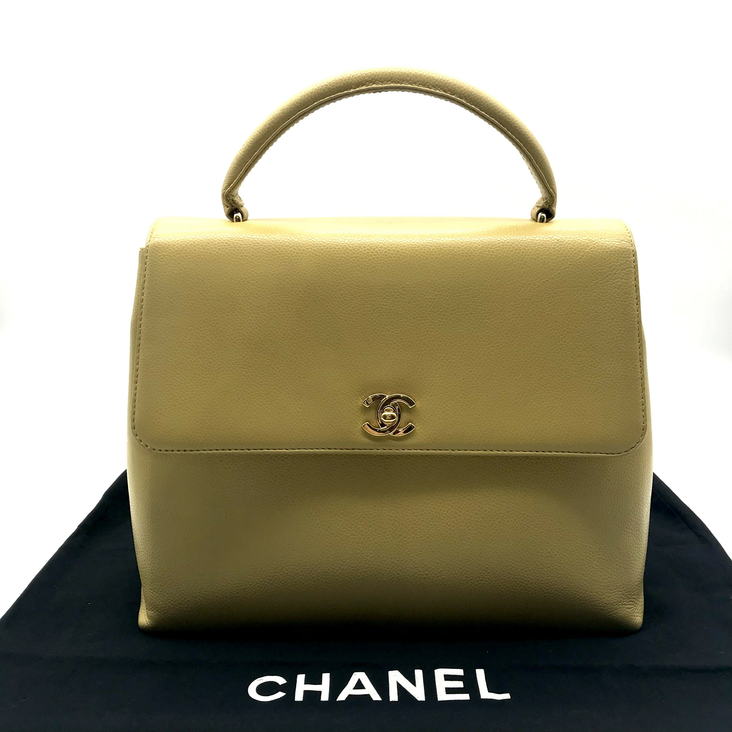 CHANEL - 【中古】CHANEL シャネル キャビアスキン ココマーク ハンド バッグ 黄色系 レザー 良品 m11878