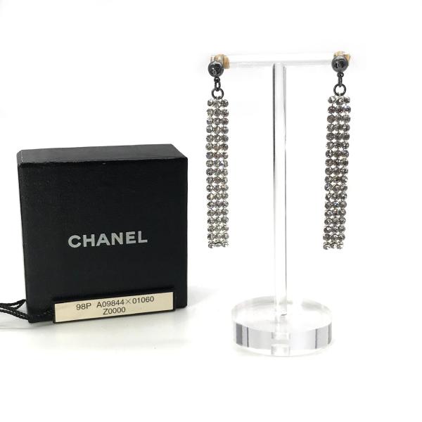 【中古】CHANEL シャネル ココマーク フリンジ ラインストーン ピアス ブラック シルバー 保管品 M8218