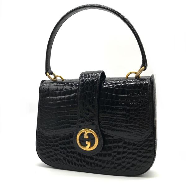 GUCCI - 【中古】GUCCI グッチ 本クロコ ロゴ 金具 プッシュロック ハンド バッグ 良品 M9310