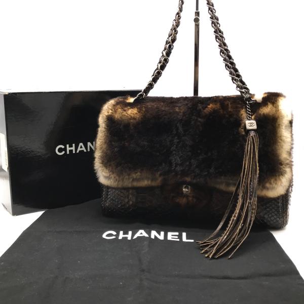 良品 CHANEL シャネル 希少 ココマーク ファー パイソン ダブル チェーン ショルダー バッグ a1213a