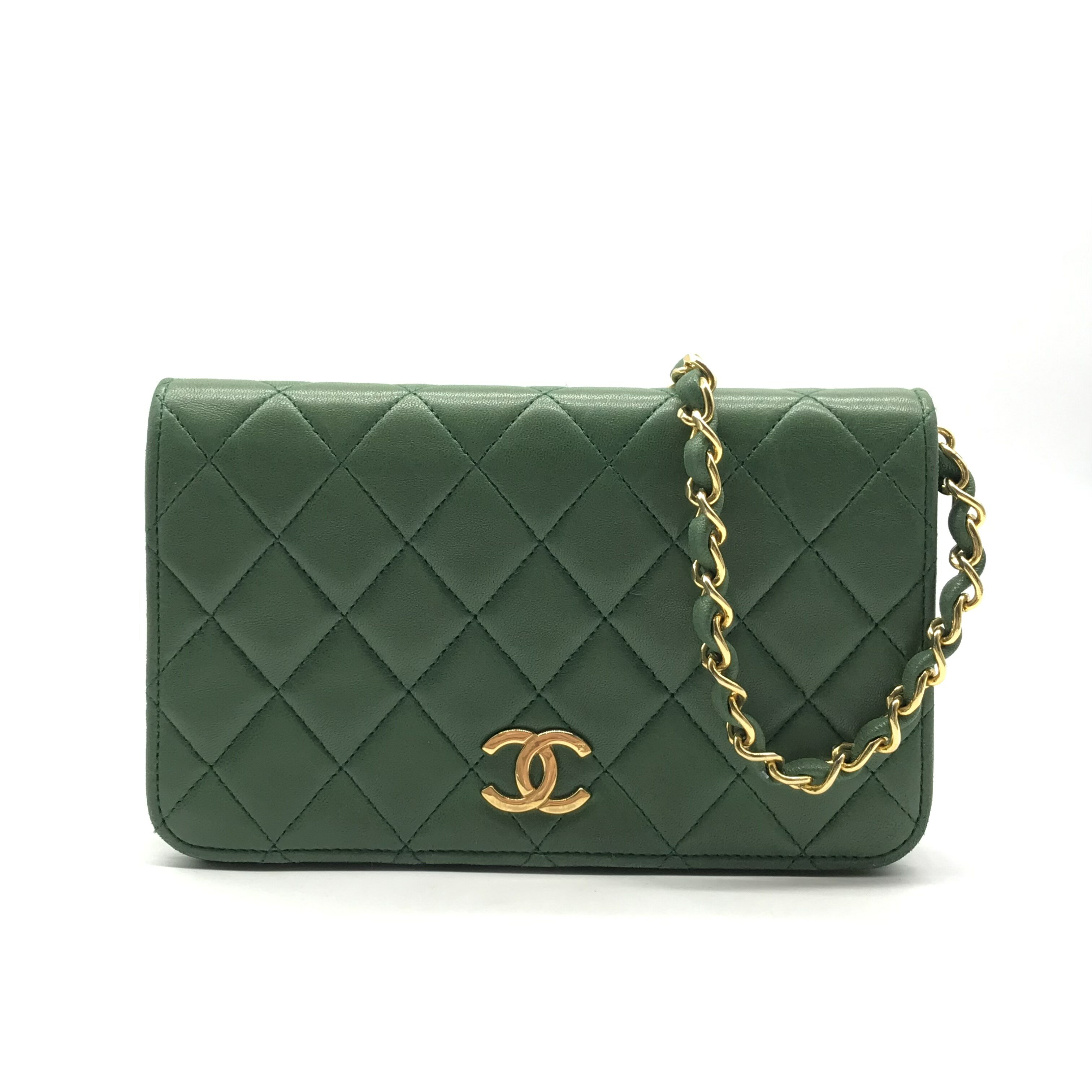 【中古】良品 CHANEL シャネル ココマーク ミニ マトラッセ ラムスキン プッシュロック チェーン ショルダー バッグ グリーン a2034