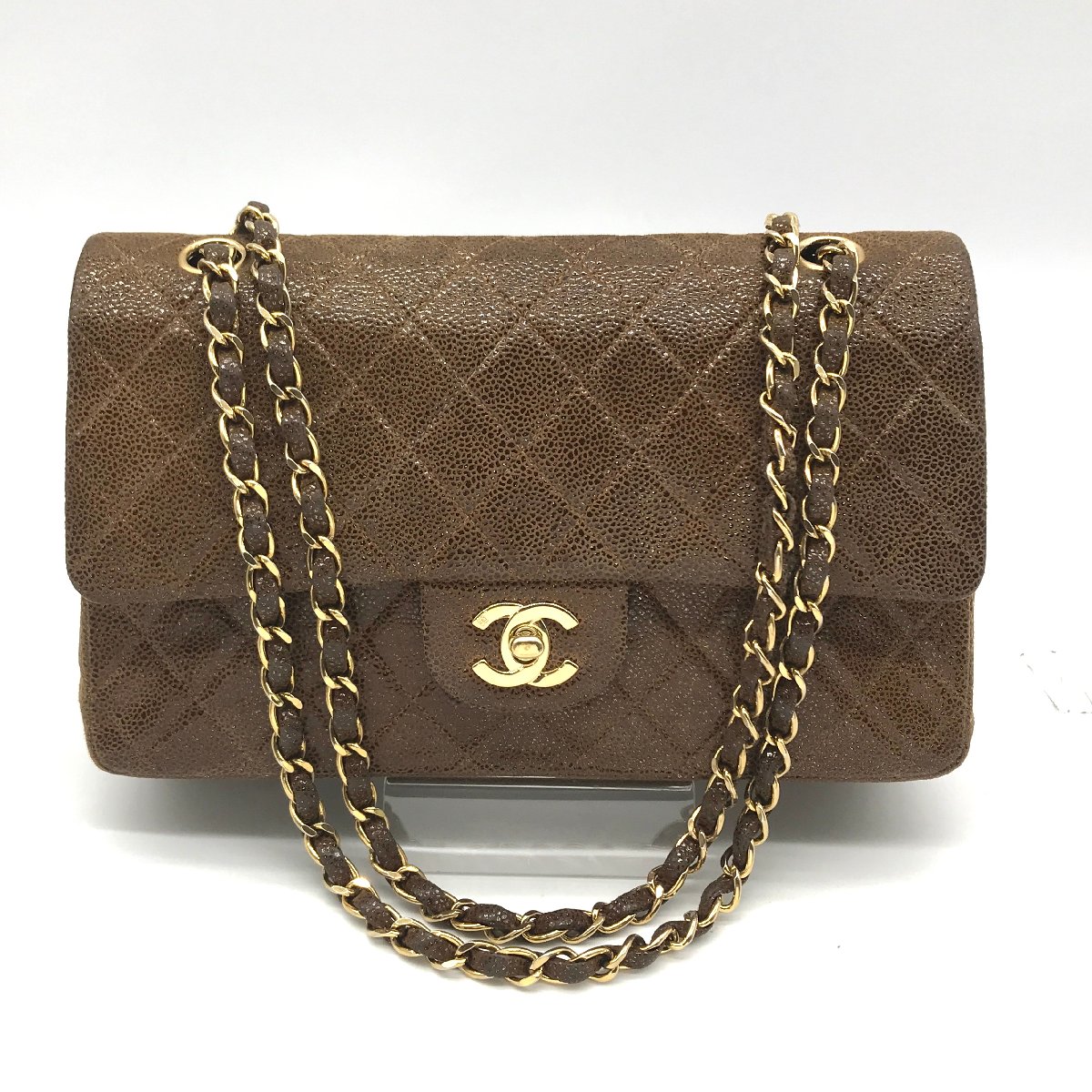 【中古】美品 CHANEL シャネル 激レア キャビアスキン マトラッセ 25 ダブルフラップ チェーン ショルダー バッグ ブラウン系 a806