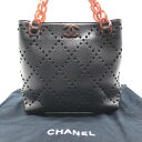 【中古】良品 CHANEL シャネル ココマーク キャビアスキン パンチング べっ甲 チェーン ハンド トート バッグ ブラック a2375