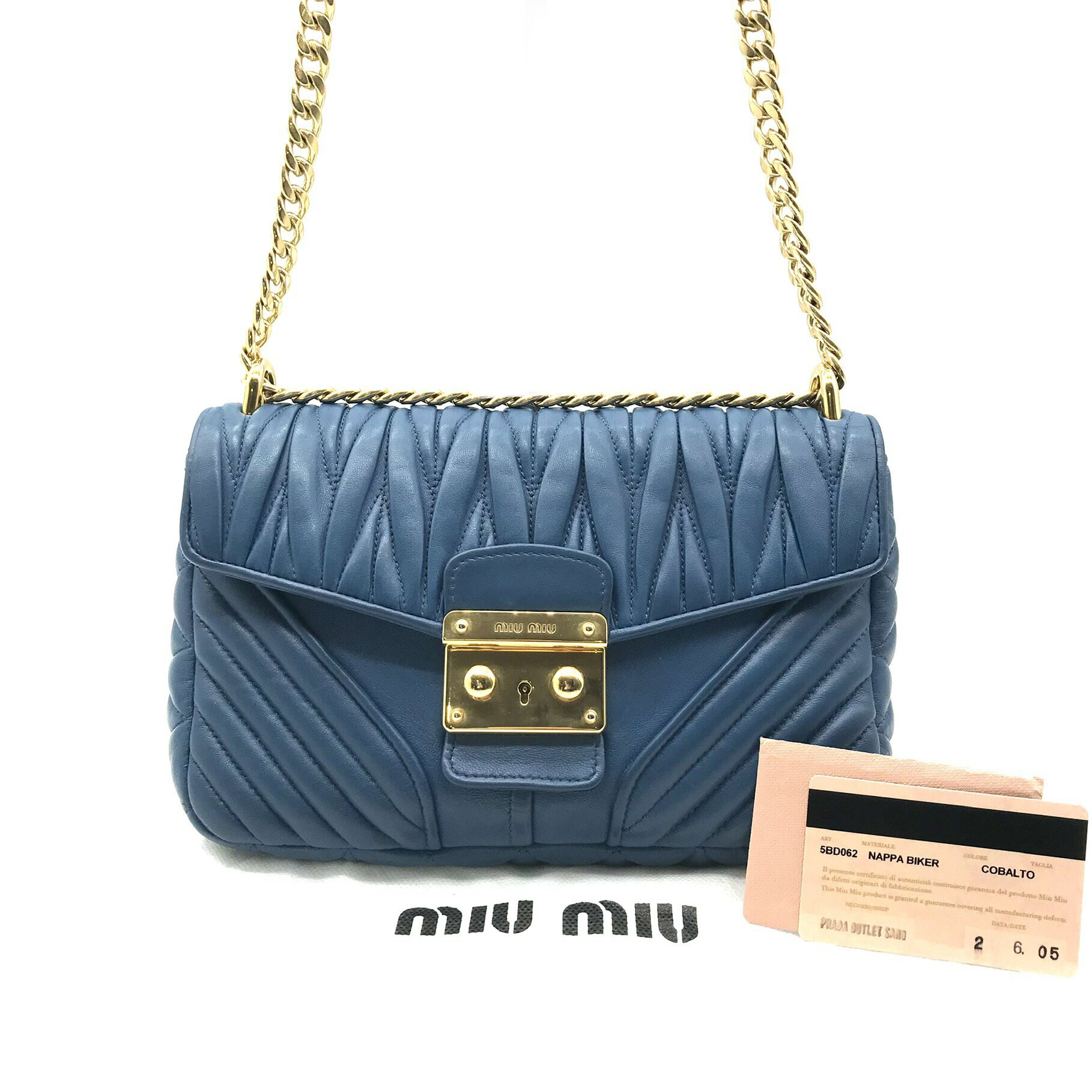 良品 MiuMiu ミュウミュウ ロック金具 マテラッセ レザー チェーン ショルダー バッグ ブルー a2517