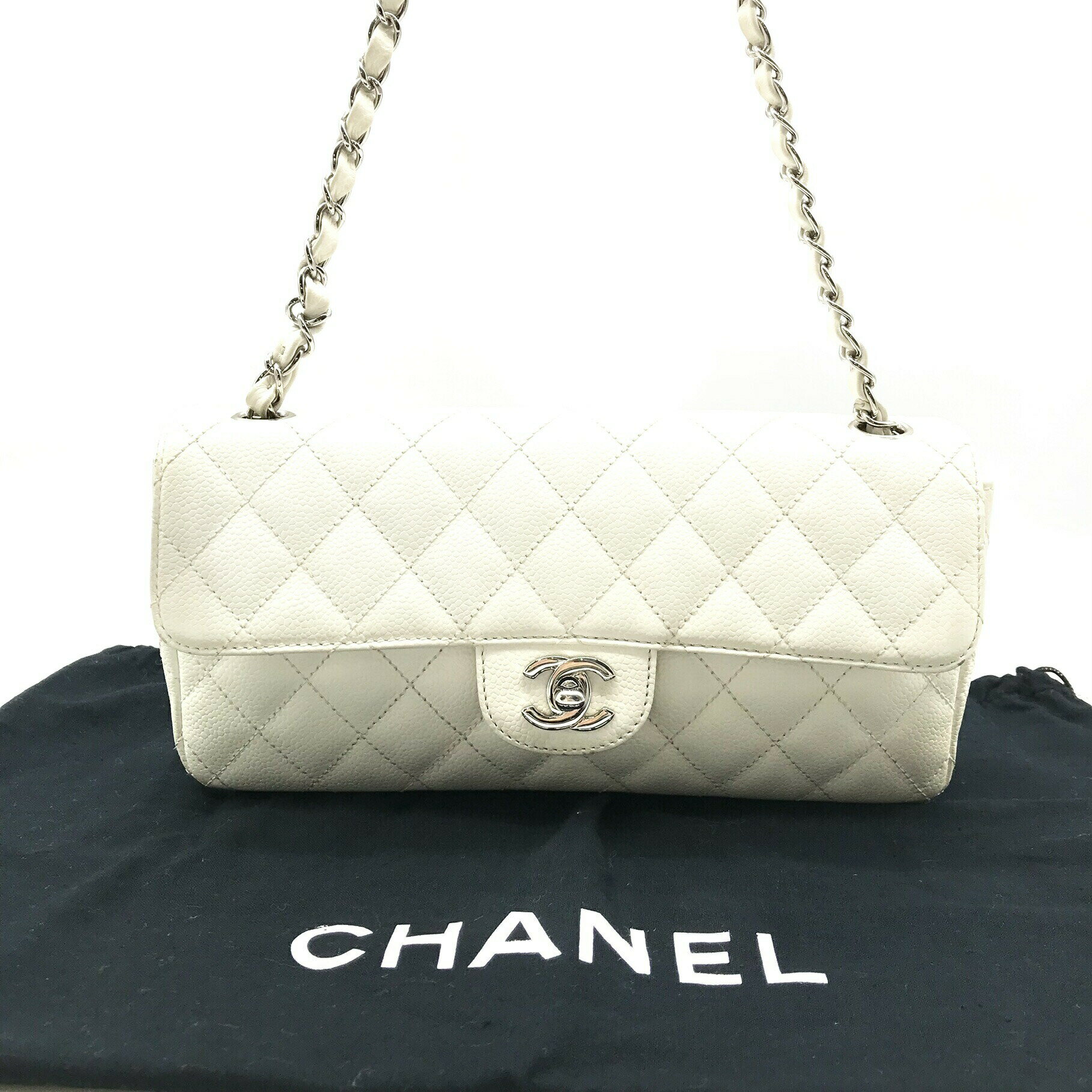 【中古】CHANEL シャネル キャビアスキン ココマーク ターンロック チェーン ショルダー バッグ ホワイト 良品 m12638