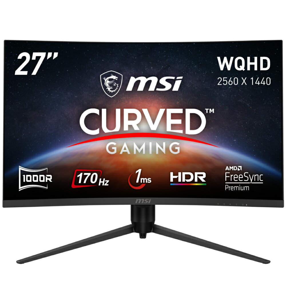 MSI G271CQP E2 湾曲率1,000R ゲーミングモニター VA湾曲パネル スリムベゼル WQHD/27インチ/170Hz/1ms/FreeSync Premium/HDR/HDMI 2.0b/DisplayPort 1.4/高さ調整/3年保証