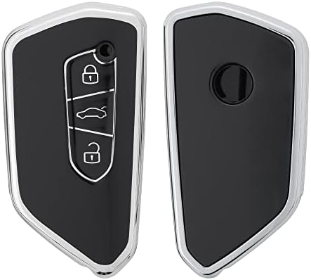 VW ゴルフ8 3-ボタン 車のキー対応 キーケース - キーカバー 鍵カバー TPU 光沢仕上げ - 車鍵 耐衝撃 保護 黒色/シルバー