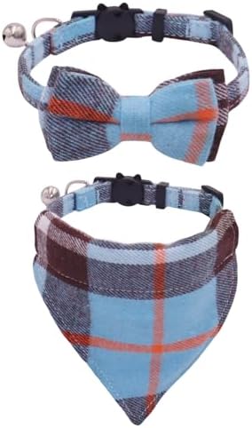 猫 首輪 バンダナ セーフティバックル付 鈴付 超軽量 犬猫用バンダナ (S, 格子縞ブルー)