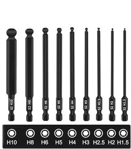 9個セットボールポイントビットセットドライバービットセット 磁気ヘッドドライバー ボールエンド 6.35mm 六角軸ドライバービット H1.5、 H2、H2.5、H3、H4、H5、H6、H8、H10 (全長100mm)