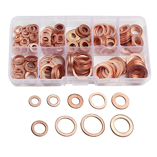 平座金 銅ワッシャー ドレンワッシャー ガスケット セット 耐熱 耐油 銅リング（9種類 M5 M6 M8 M10 M12 M14，ケース付き）