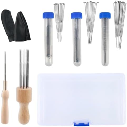 フェルトニードル針 フェルトツール 羊毛フェルト 刺繍フェルトニードル キット 3 サイズ 30 本の針付き 木製ハンドル レザー製指サック フェルト用品 DIY 手芸制作 初心者キット