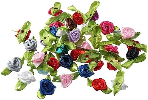 Ribbon - 300個 ミニリボンバラ 人工布花 緑の葉付き 小さなクラフトバラ 縫製用 結婚式の装飾 (混合色)