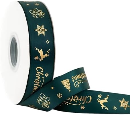 クリスマス リボン サテンリボン 飾り ラッピング用 ツリー ギフト 雑貨 ケーキ 装飾 幅2.5cm 22m/巻き 1巻入 ダークグリーン + トナカイ