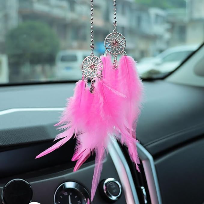Rakuten - ドリームキャッチャー ペンダント 車飾り カーアクセサリー インテリア 装飾 贈り物 羽 小型で静か運転を邪魔しない (グレー) (ピンク)