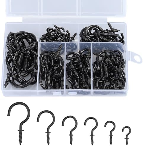 ネジフック ねじ付きフック 天井用フック スクリューフック アイフック 6サイズ 110個セット 壁フック 吊り下げ 収納ケース付き (ブラック)