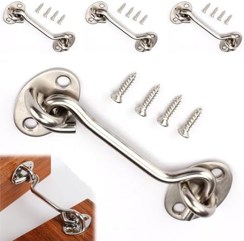 【ステンレス素材】 頑丈でさびにくく、耐久性に優れたステンレス素材を採用しています。厚めのベースで補強されており、簡単に壊れたり変形したりすることはありません。 【使い方が簡単】 フックを引っ掛けるだけで、ドアの鍵をかけることができます。鍵で施錠するよりも手早く施錠できるため、とても使いやすいです。 【広い適用範囲】 窓、引き戸、納屋、ガレージ、スライドドア、引き出し、クローゼット、戸棚などに活用できます。 【取り付け方法】 ネジ固定タイプで、フックとアイクリージャーロックで構成されています。対応する取り付けネジが付属しており、取り付ける前にウィンドフックがアイレットと揃うようにリフティングの位置に注意してください。 【仕様】 フックサイズ：長さ約100mm、厚み6mm ネジサイズ：4 x 16mm 内容：4セット（ドアロック、ネジ16個付き） カラー：銀【ステンレス素材】 頑丈でさびにくく、耐久性に優れたステンレス素材を採用しています。厚めのベースで補強されており、簡単に壊れたり変形したりすることはありません。 【使い方が簡単】 フックを引っ掛けるだけで、ドアの鍵をかけることができます。鍵で施錠するよりも手早く施錠できるため、とても使いやすいです。 【広い適用範囲】 窓、引き戸、納屋、ガレージ、スライドドア、引き出し、クローゼット、戸棚などに活用できます。 【取り付け方法】 ネジ固定タイプで、フックとアイクリージャーロックで構成されています。対応する取り付けネジが付属しており、取り付ける前にウィンドフックがアイレットと揃うようにリフティングの位置に注意してください。 【仕様】 フックサイズ：長さ約100mm、厚み6mm ネジサイズ：4 x 16mm 内容：4セット（ドアロック、ネジ16個付き） カラー：銀