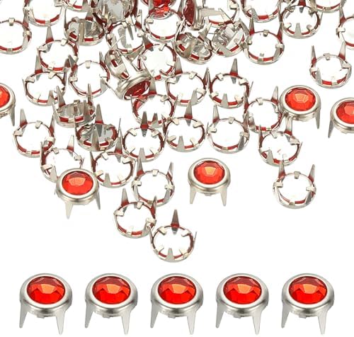 6mm ラインストーンスタッド 70セット メタルクロービーズネイルヘッドリベット装飾 レザークラフト用 修理服ベルトバッグ靴 レッドシルバートーン