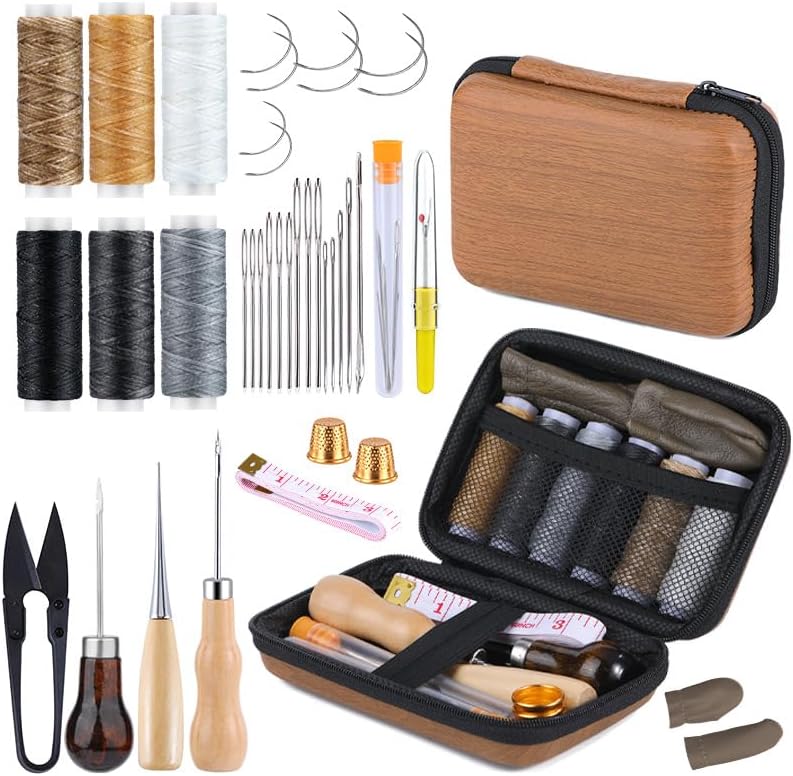 革工具セット 手縫い針 6色 蝋引き糸 測定尺 千枚通し 指ぬき はさみなどのレザークラフト用ツール