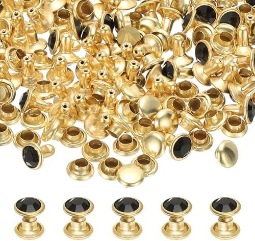 6mm レザーリベット 70セット ラインストーンリベットスタッド ダブルキャップス レザークラフト用 デコレーション修理 DIY衣類 ベルト バッグ 靴 黒金色
