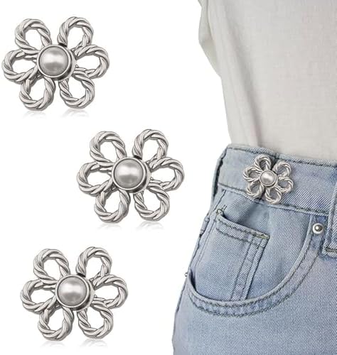 花型ジーンズボタン 3個セット ウエスト調整 取り外し可能なボタン バギー調節可能 (ブライトシルバー)