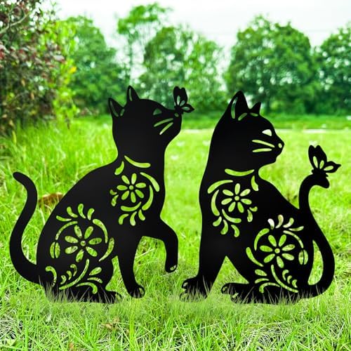 Rakuten - ガーデン 置物 猫 金属製 飾り 透かし彫り 鉄製 屋外 オブジェ 園芸用品 (2匹猫)