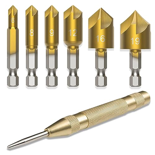 面取りカッター 木工カッタ 皿取錐 下穴錐 座ぐり 5枚刃（6/8/9/12/16/19mm）+1本自動センターポンチ 7..