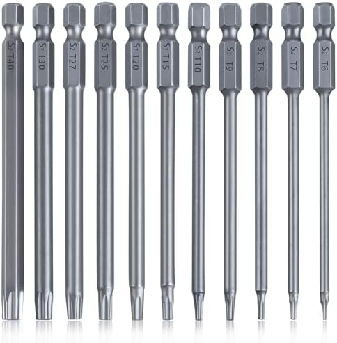 トルクスドライバービットセット 11本セット 中空トルクス頭 T6-T40 セキュリティトルクスビット 6.35mm六角軸 長さ100mm S2鋼 磁気ドライバービット ロング 電動ドライバー ビット