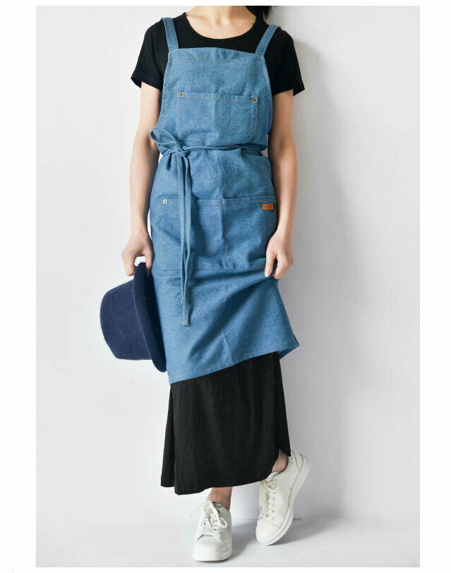 デニムエプロン カフェ風 男女兼用 タスキ紐タイプ 作業着 作業服 ユニホーム シンプル 家庭用 作業用 仕事用