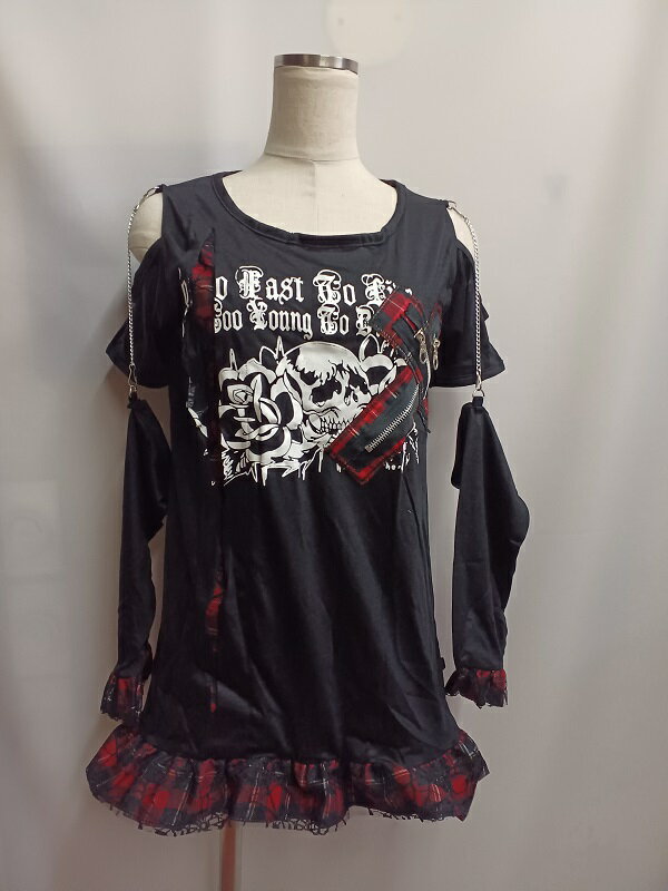 PUNK系　セパレート　スカルTシャツ　FREE　黒　長袖　パンク　ロック　髑髏　赤タータンチェック　蜘蛛の巣レース