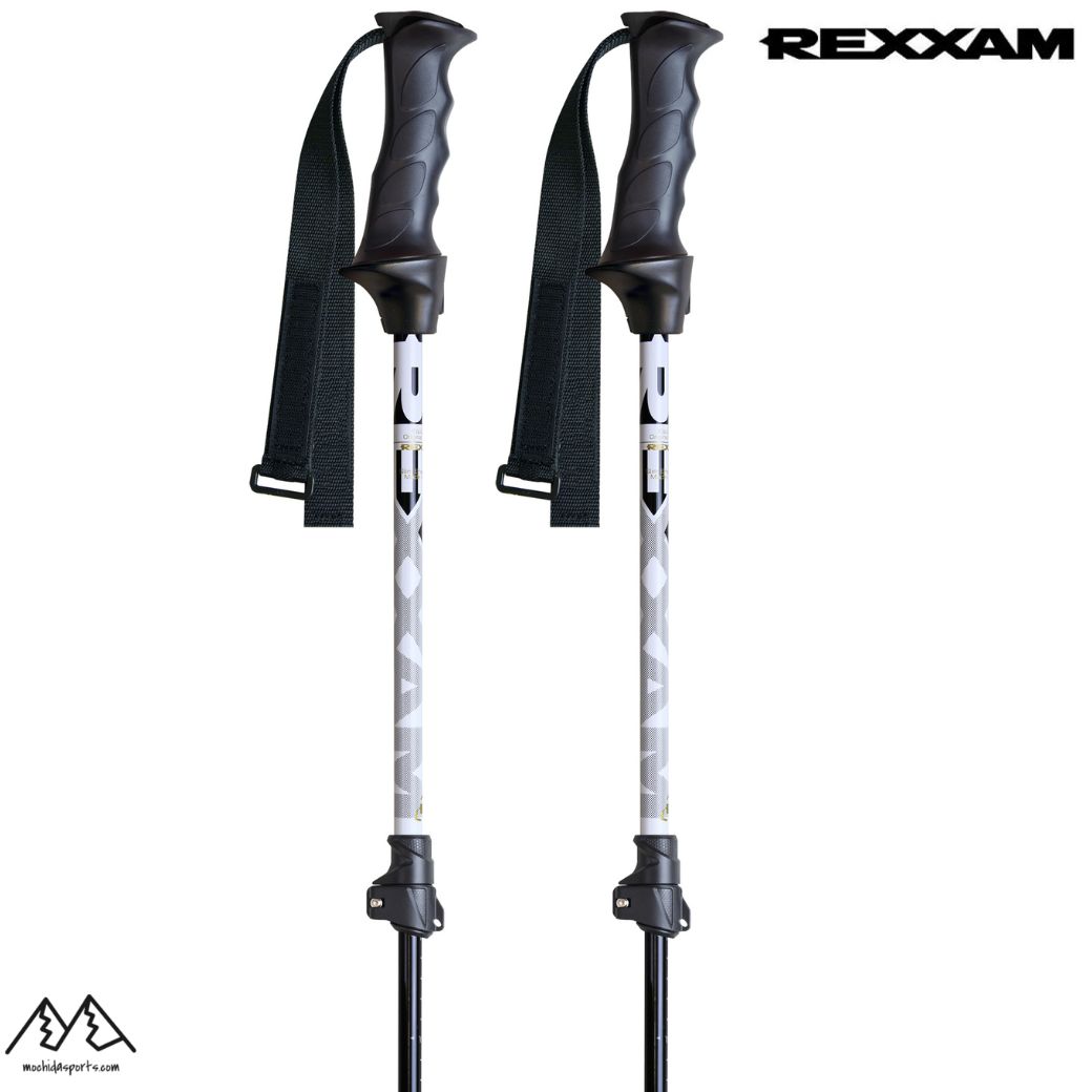 REXXAM SKI POLE 伸縮性スキーポール　90-120cm Details シャフト : アルミ合金材直径14mm シャフト : テーパーカーボン12mm グリップ : KG-D01 ストラップ : KS-4-25P リング : KB-23FX キザキ社製　Made in japan　