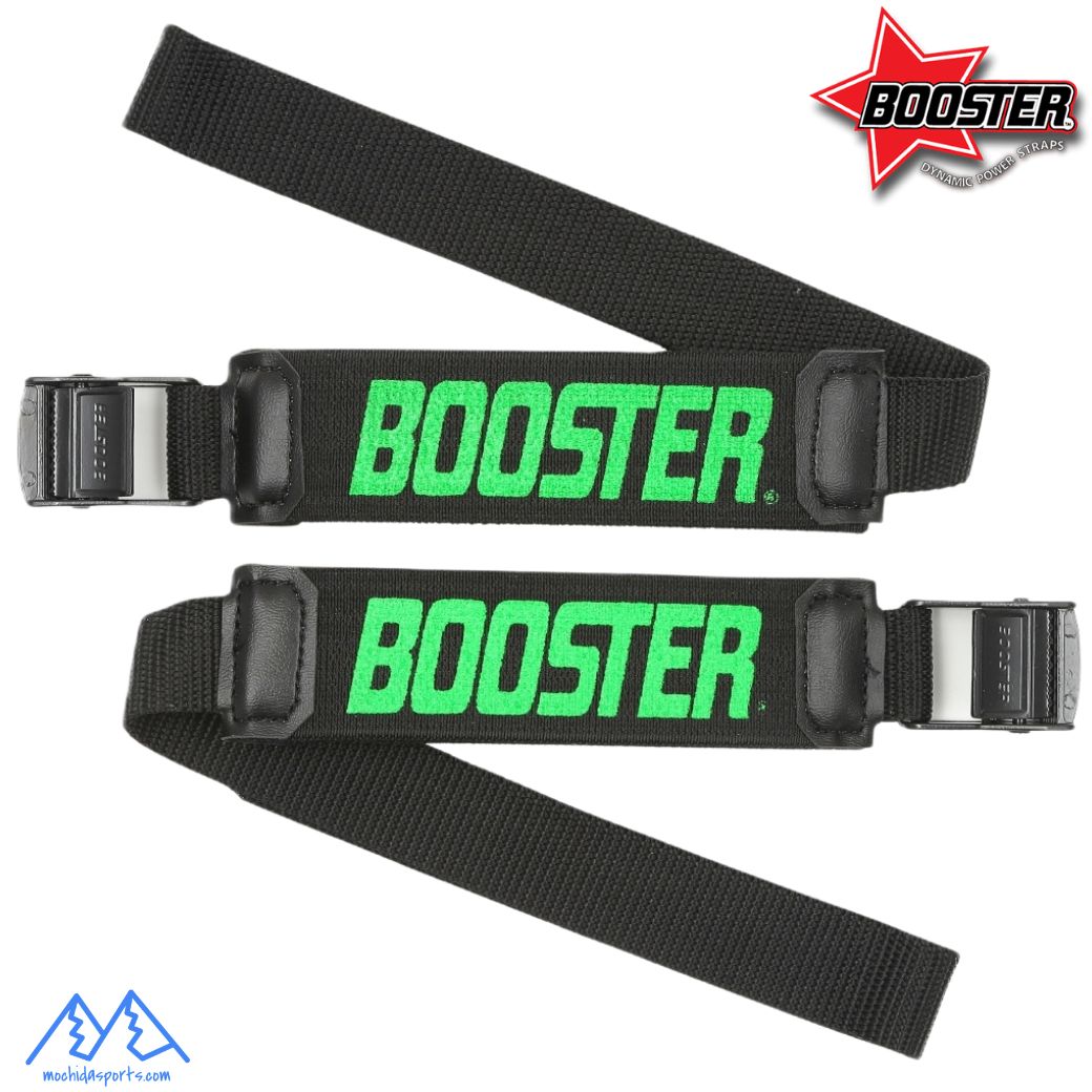 BOOSTERSTRAP EXPERT/RACER エラスティックベルトを2枚重ねにした、ワールドカップモデルよりもやや扱いやすいしなやかさを持たせた硬さです。 上達を目指す一般上級スキーヤーから指導員・インストラクター、モーグル、フリースキーヤーまで幅広く愛用されています。足首の粘り強い動きを出しながら、高いリカバリー性能を発揮します また、アルペンスノーボード、フリースタイルスノーボードにもご利用頂けます。 一般的な伸びないパワーベルトとは異なり、強力な伸縮性を持つエラスティック（ゴム）素材で作られているのが最大の特徴です。きつく締め込んでも足首の運動性を損なわずに抜群のホールド感を得られ、ターンの切り返しで素早く元のポジションに戻るリカバリー能力を引き出します。パワーロスを軽減し、板本来のフレックス（たわみ）を最大限に活かせます ブーツ往復送料ご負担頂ければ取付料金は無料とさせて頂きます。BOOSTER ロゴの入ったベルト部分は、強力なエラスティック構造となっていて、1WAYの方向で伸縮します。これが抜群のフィット感を生み出し、パワーのロスを極限まで封じ込めることができます。また、伸縮するベルトはターンの始動期から徐々に深く膝を倒しこむ動作が可能で、足首の運動を使った最新のテクニックに非常に有効であり、従来の製品とは歴然とした違いを感じるでしょう。