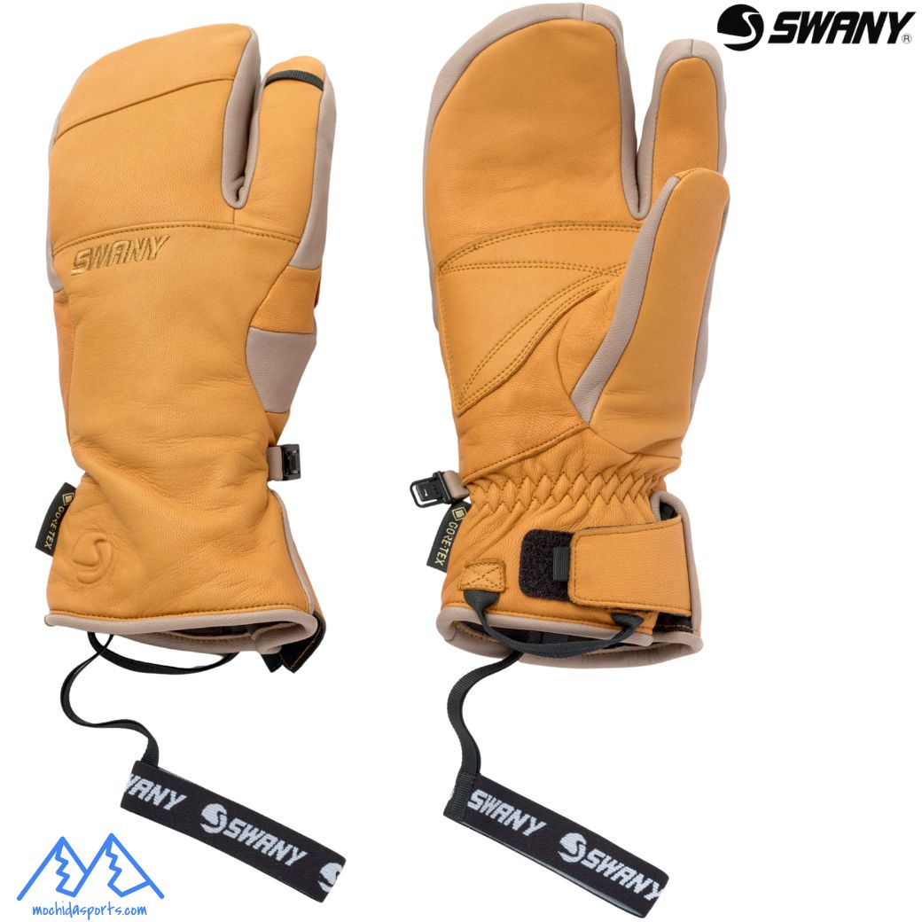 SWANY Valcan オールレザーの3 Fingerであたたかさと操作性を兼ね備えた本格的なスキーグローブ。手を包み込む独自のカッティングでフィット感が良く操作性の良さを実感できます。 人体工学に基づき、フィット感を追求したオリジナルカッティング。手の形に合わせた自然なフォルムが快適さを高め、グリップ時のストレスを軽減。 ・撥水加工を施した柔らかな山羊革を全面に使用。 ・GORETEXインサート使用。 ・独自のPre Curveカッティングが、手の自然な状態を維持し、手の負担を軽減。 ・WEARの袖口に収納可能なアンダーカフモデル。 ・消臭効果のあるバンブー素材を裏地に採用 GORE-TEX：外部からの水や雪の侵入を防ぎ、汗を外に放出する透湿防水フィルム。 PRE-CURVED：立体設計。 LEASH CORD：グローブの落下や紛失を防止 PULL ON LOOP：手袋を履く際に引っ張るための紐。 FINGER LOOP：手袋を乾燥させる際にひっかけるためのループ。 BAMBOO CHARCOAL：竹炭を繊維に練りこんだ生地。速乾機能、防臭機能を持つ。 THERMOLIGHT：軽くて温かいインビスタ社製の機能綿。　